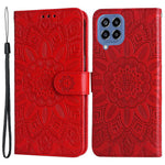 For Samsung Galaxy M33 5G (Global Version) Shockproof PU Leather Phone Case Magnetic Closure Sunflower Imprinted Stand Flip Wallet Cover with Strap
