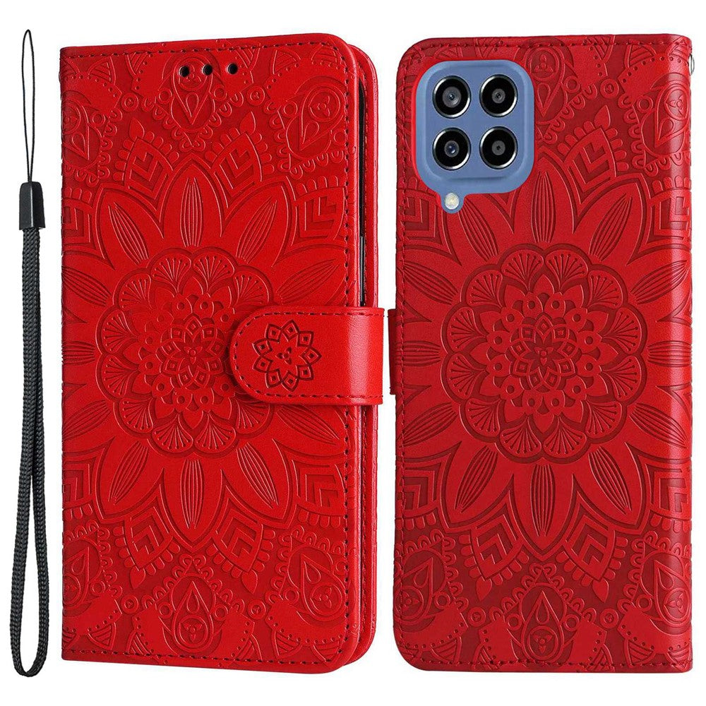 For Samsung Galaxy M33 5G (Global Version) Shockproof PU Leather Phone Case Magnetic Closure Sunflower Imprinted Stand Flip Wallet Cover with Strap