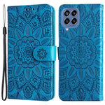 For Samsung Galaxy M33 5G (Global Version) Shockproof PU Leather Phone Case Magnetic Closure Sunflower Imprinted Stand Flip Wallet Cover with Strap