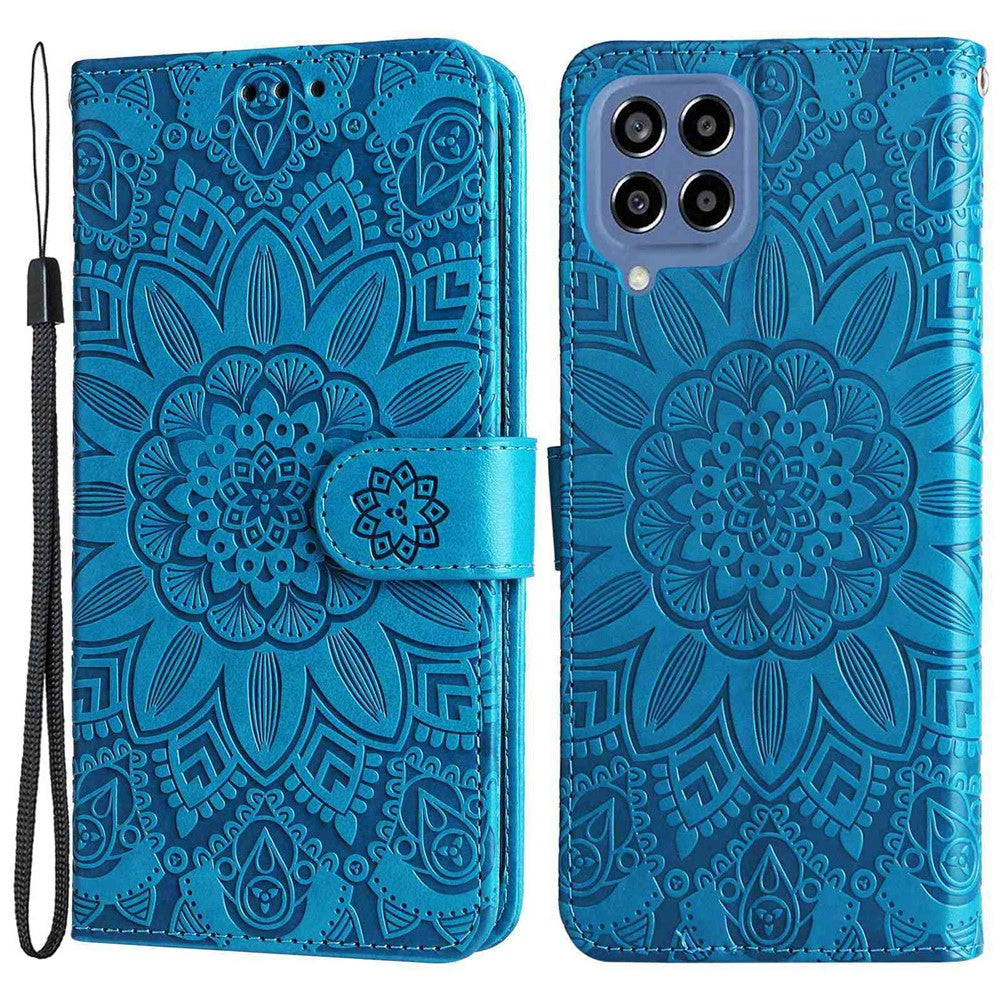 For Samsung Galaxy M33 5G (Global Version) Shockproof PU Leather Phone Case Magnetic Closure Sunflower Imprinted Stand Flip Wallet Cover with Strap