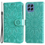 For Samsung Galaxy M33 5G (Global Version) Shockproof PU Leather Phone Case Magnetic Closure Sunflower Imprinted Stand Flip Wallet Cover with Strap