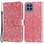 For Samsung Galaxy M33 5G (Global Version) Shockproof PU Leather Phone Case Magnetic Closure Sunflower Imprinted Stand Flip Wallet Cover with Strap