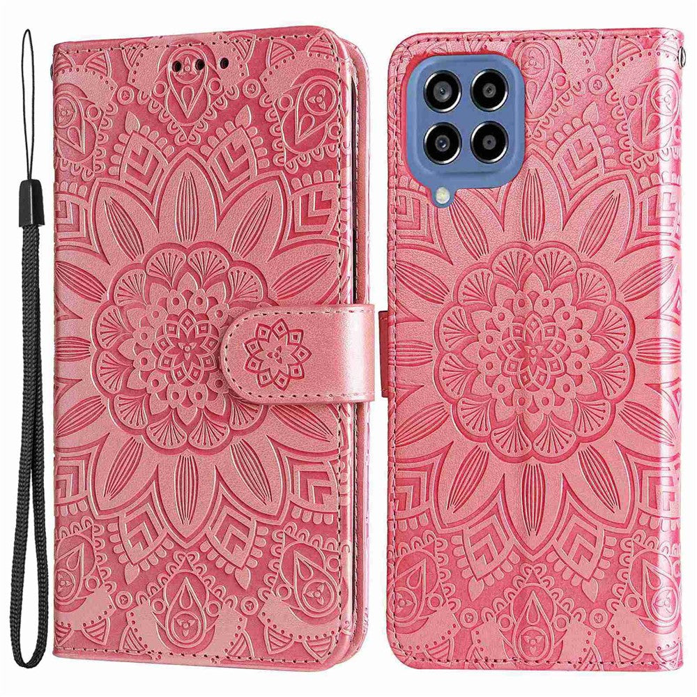 For Samsung Galaxy M33 5G (Global Version) Shockproof PU Leather Phone Case Magnetic Closure Sunflower Imprinted Stand Flip Wallet Cover with Strap