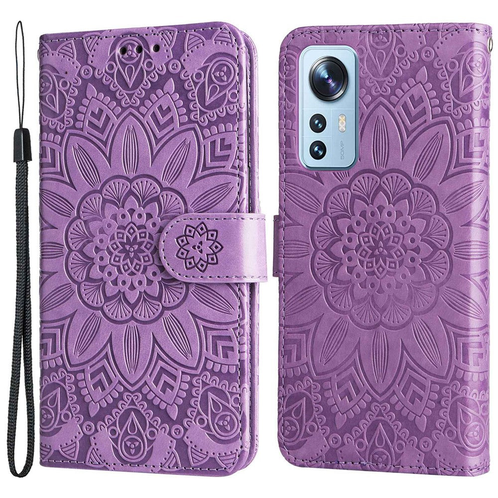 For Xiaomi 12 Lite 5G Imprinted Sunflower Pattern PU Leather Flip Stand Phone Case Wallet Protective Phone Cover with Strap