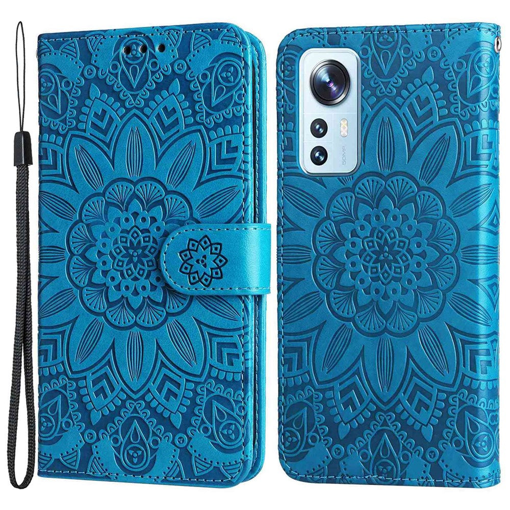 For Xiaomi 12 Lite 5G Imprinted Sunflower Pattern PU Leather Flip Stand Phone Case Wallet Protective Phone Cover with Strap