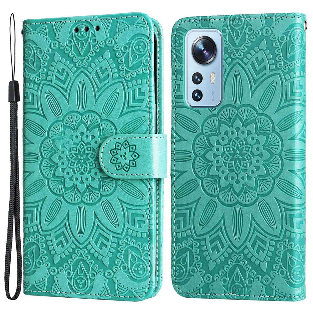 For Xiaomi 12 Lite 5G Imprinted Sunflower Pattern PU Leather Flip Stand Phone Case Wallet Protective Phone Cover with Strap
