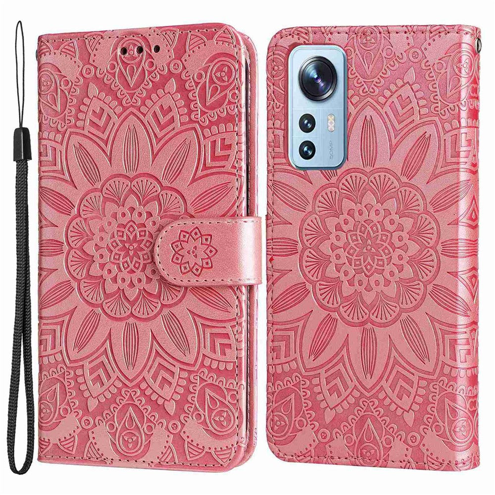For Xiaomi 12 Lite 5G Imprinted Sunflower Pattern PU Leather Flip Stand Phone Case Wallet Protective Phone Cover with Strap