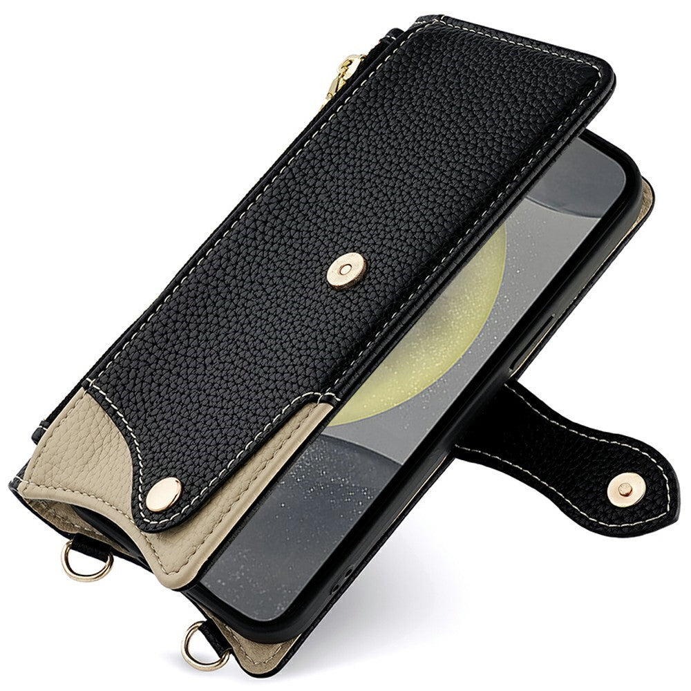 For Samsung Galaxy S25 Leather Case Wallet Stand Cover Irregular Tail Style with Chain Strap