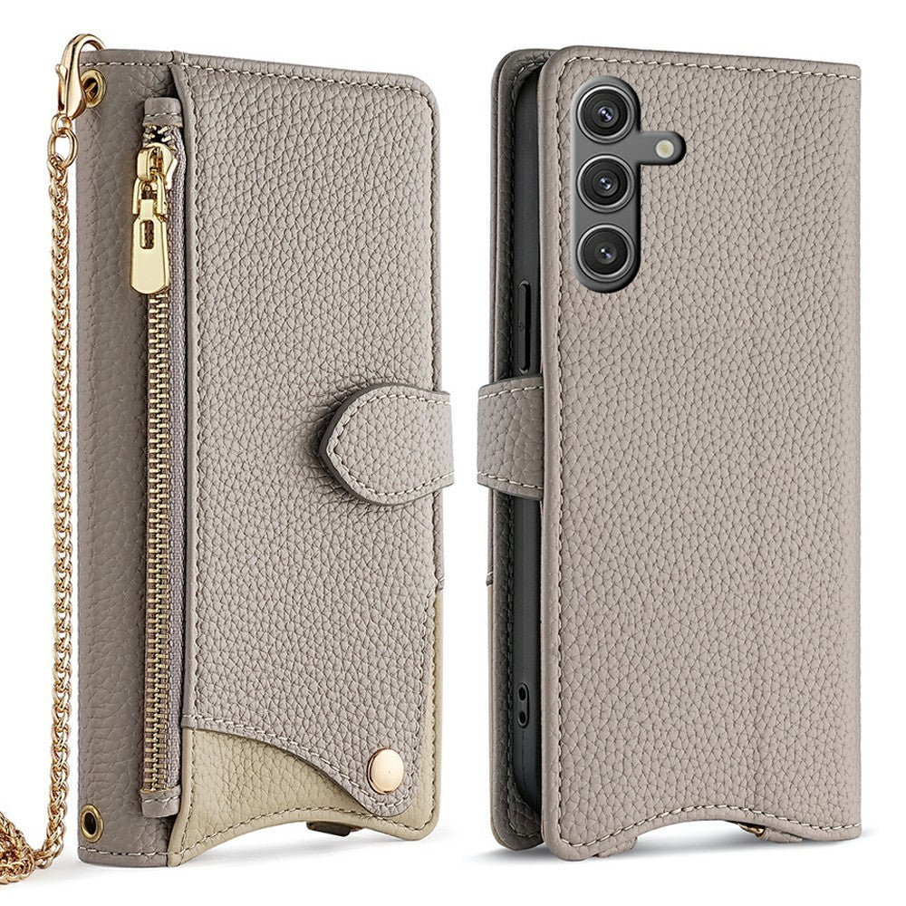 For Samsung Galaxy S25 Leather Case Wallet Stand Cover Irregular Tail Style with Chain Strap