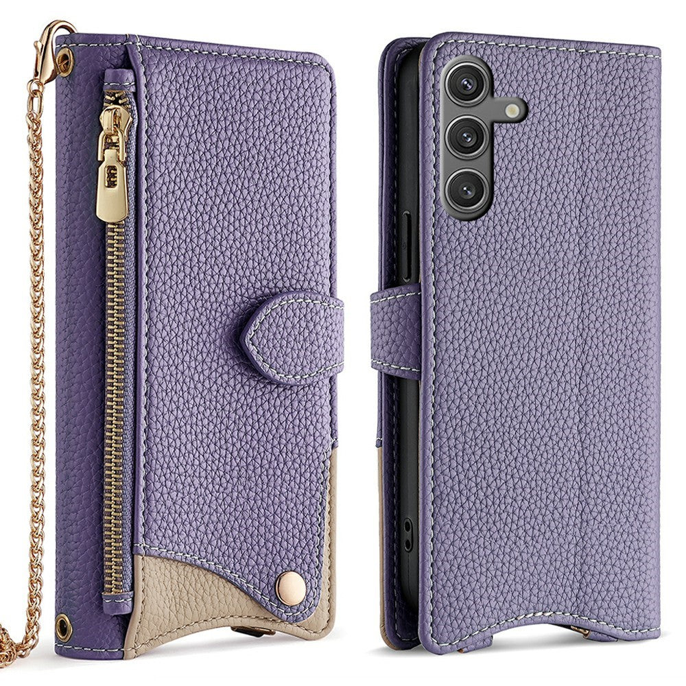 For Samsung Galaxy S25 Leather Case Wallet Stand Cover Irregular Tail Style with Chain Strap