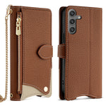 For Samsung Galaxy S25 Leather Case Wallet Stand Cover Irregular Tail Style with Chain Strap