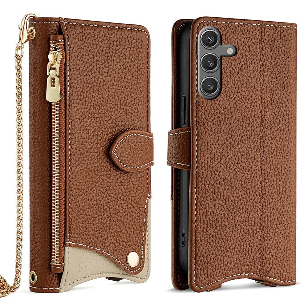 For Samsung Galaxy S25 Leather Case Wallet Stand Cover Irregular Tail Style with Chain Strap