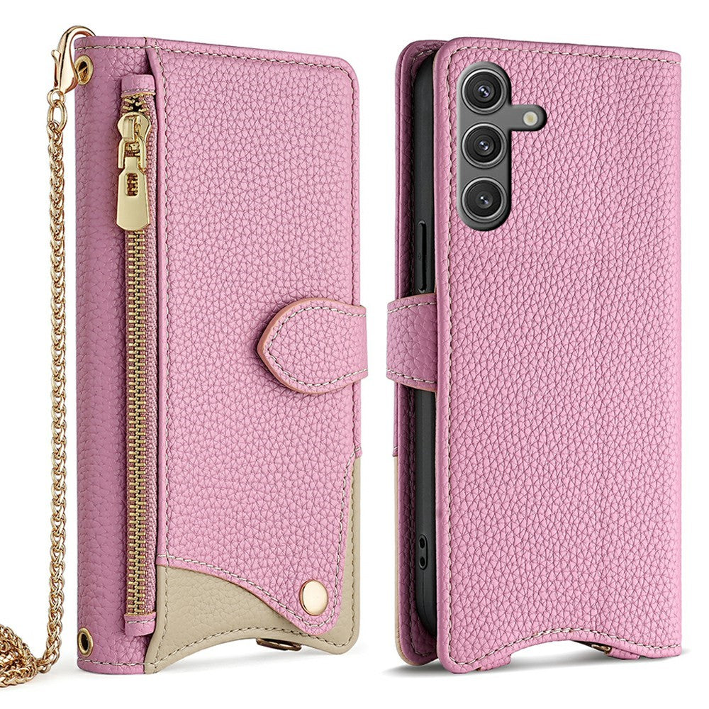 For Samsung Galaxy S25 Leather Case Wallet Stand Cover Irregular Tail Style with Chain Strap