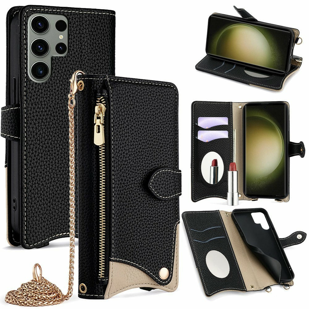For Samsung Galaxy S25 Ultra Leather Case Wallet Stand Cover Irregular Tail Style with Chain Strap
