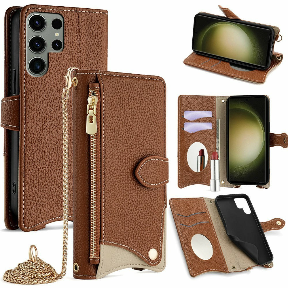 For Samsung Galaxy S25 Ultra Leather Case Wallet Stand Cover Irregular Tail Style with Chain Strap