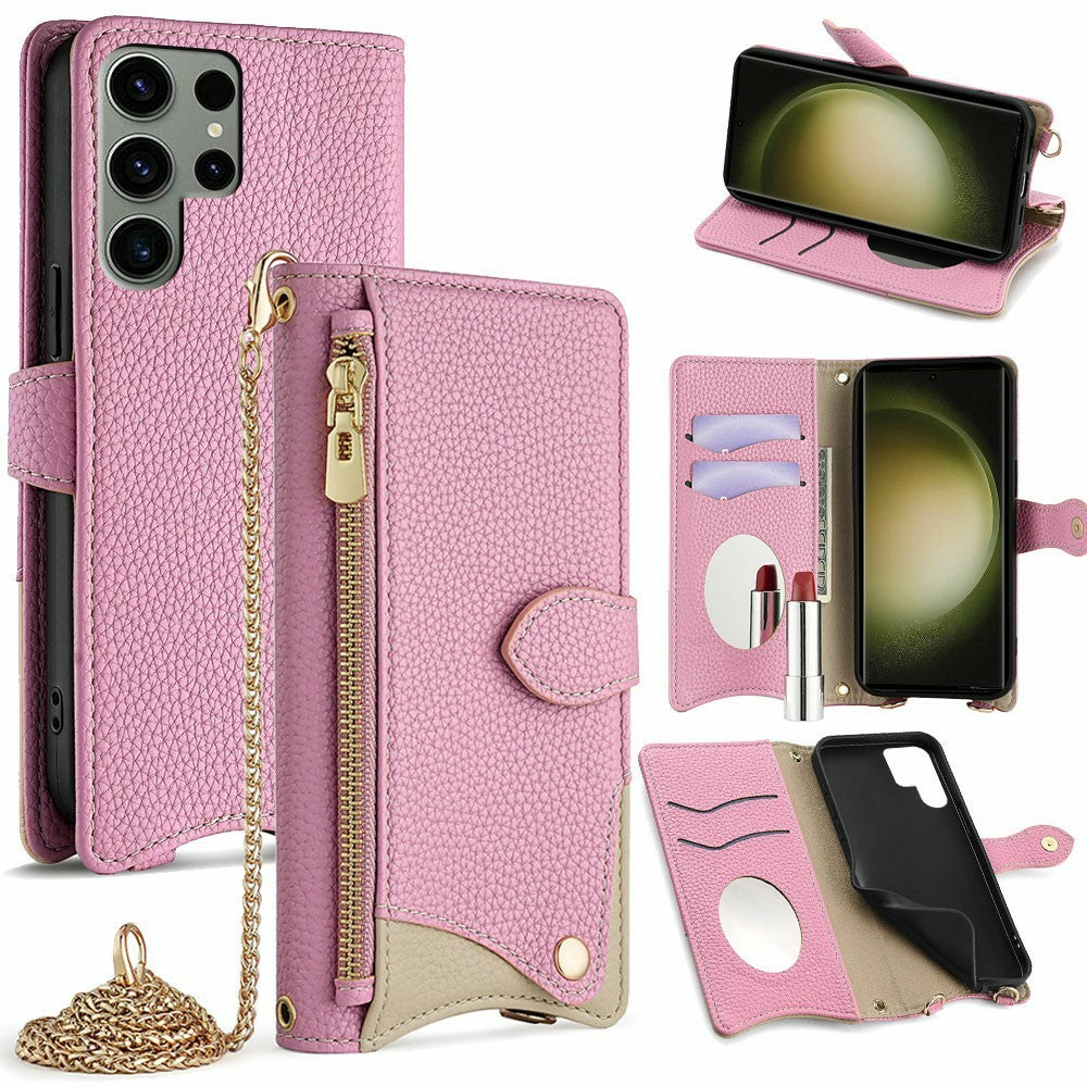 For Samsung Galaxy S25 Ultra Leather Case Wallet Stand Cover Irregular Tail Style with Chain Strap