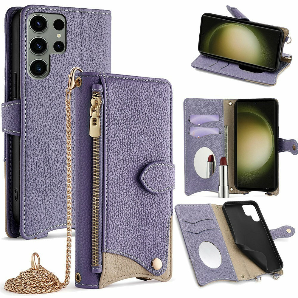 For Samsung Galaxy S25 Ultra Leather Case Wallet Stand Cover Irregular Tail Style with Chain Strap