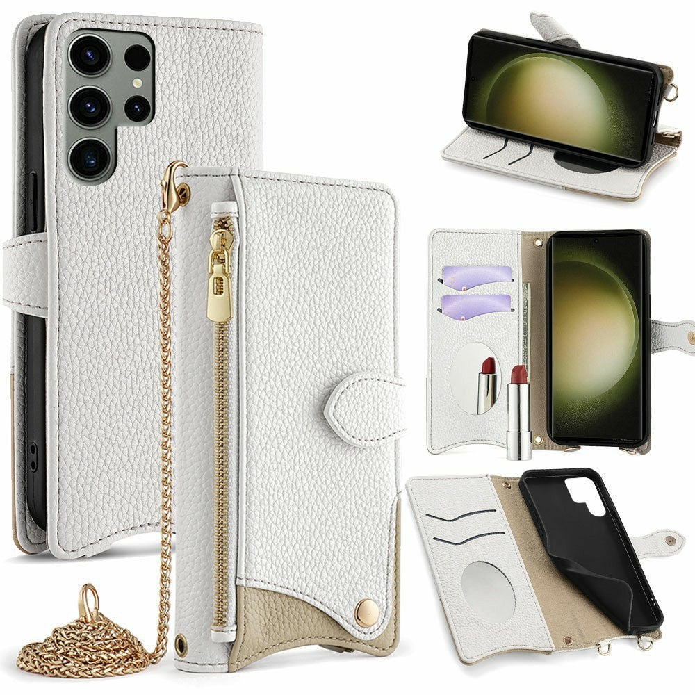 For Samsung Galaxy S25 Ultra Leather Case Wallet Stand Cover Irregular Tail Style with Chain Strap