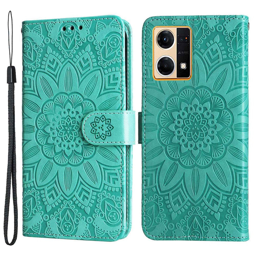 Oppo Reno7 4G / F21 Pro 4G / Reno8 4G PU-läder, solrostryck, mobilskal, stativ, magnetiskt spänne, fällbart fodral, skyddande plånbok med rem