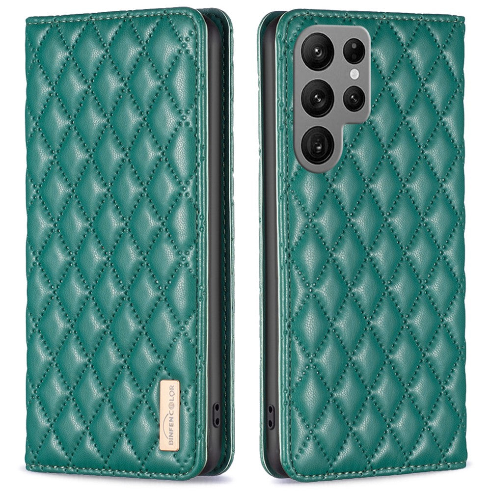 BINFEN COLOR BF Style-16 för Samsung Galaxy S25 Ultra-skal med korthållare och rombiskt läderfodral