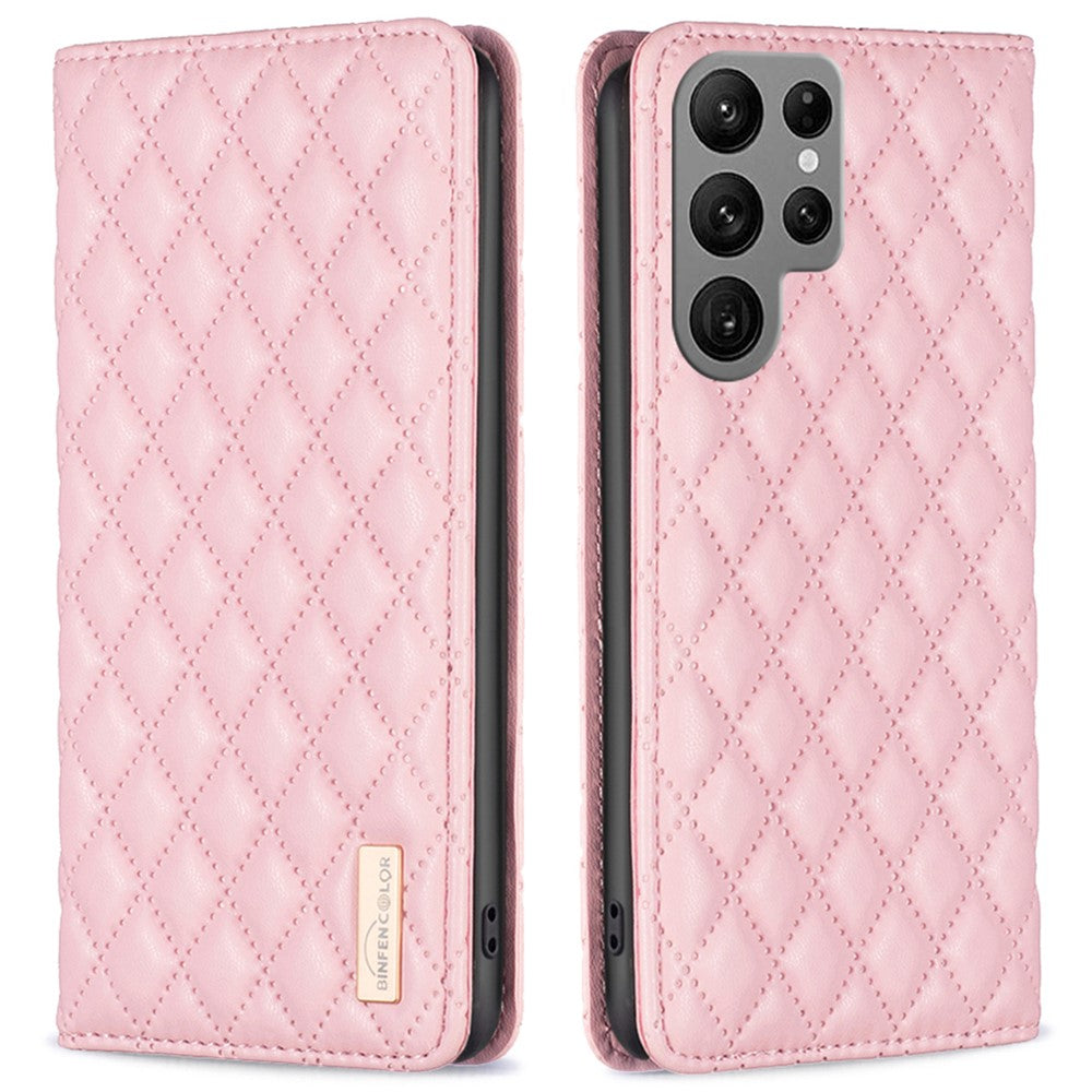 BINFEN COLOR BF Style-16 för Samsung Galaxy S25 Ultra-skal med korthållare och rombiskt läderfodral