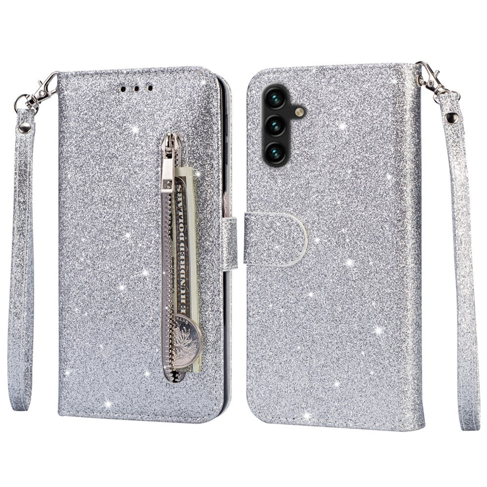 For Samsung Galaxy S25 Stand Case Glitter Phone Leather Cover Zipper Pocket