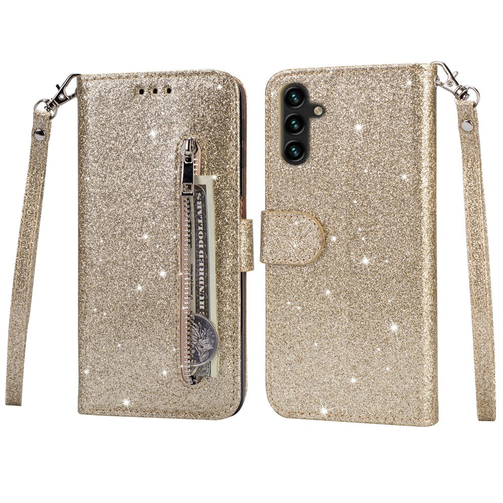 For Samsung Galaxy S25 Stand Case Glitter Phone Leather Cover Zipper Pocket