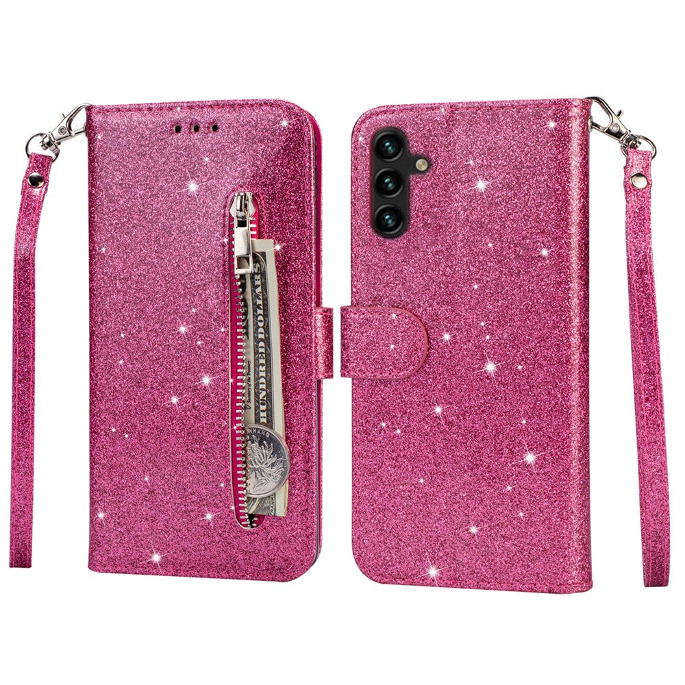 For Samsung Galaxy S25 Stand Case Glitter Phone Leather Cover Zipper Pocket