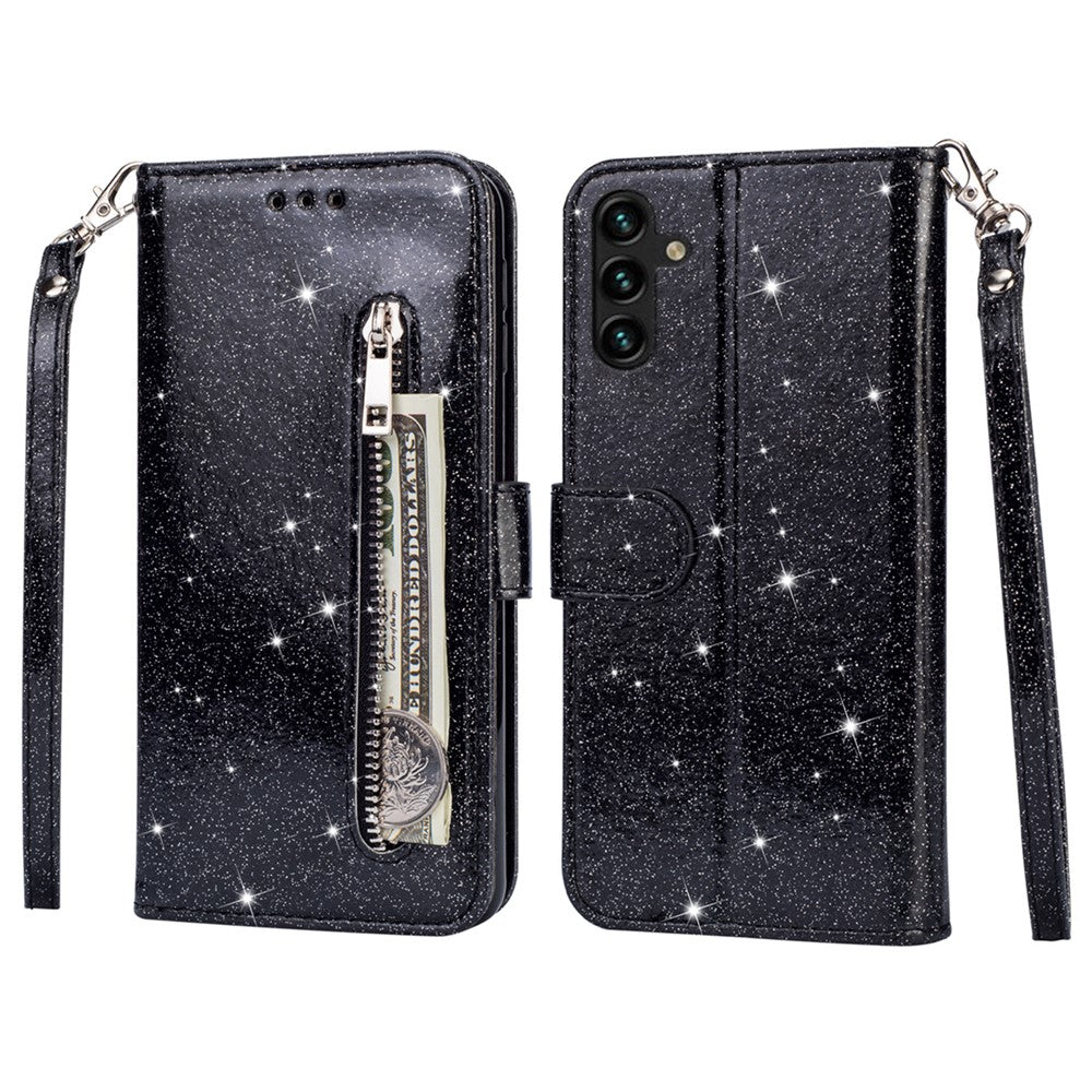 For Samsung Galaxy S25 Stand Case Glitter Phone Leather Cover Zipper Pocket