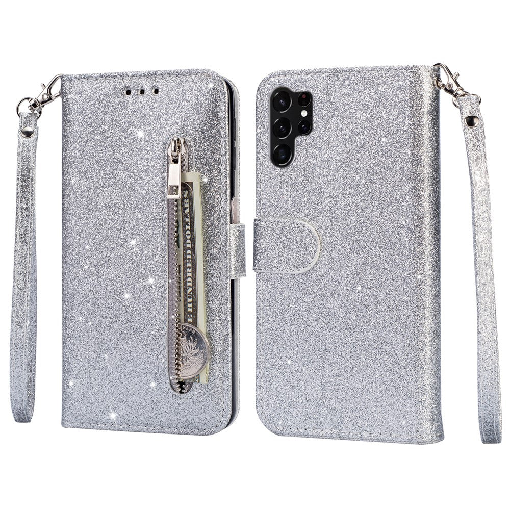 For Samsung Galaxy S25 Ultra Stand Case Glitter Phone Leather Cover Zipper Pocket