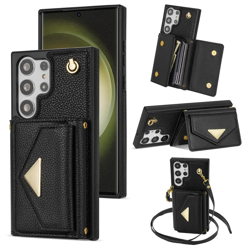 For Samsung Galaxy S25 Ultra Case Card Slots PU+TPU Cell Phone Cover with Long Strap