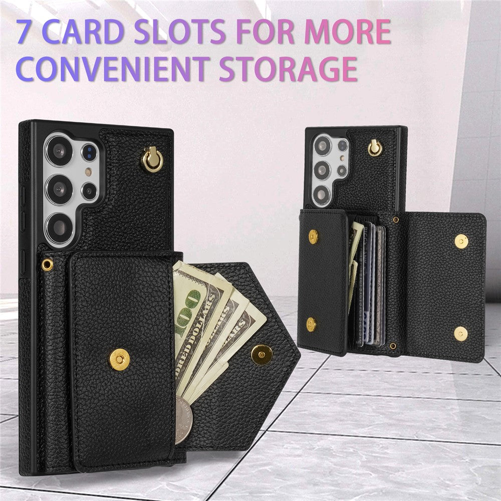 For Samsung Galaxy S25 Ultra Case Card Slots PU+TPU Cell Phone Cover with Long Strap
