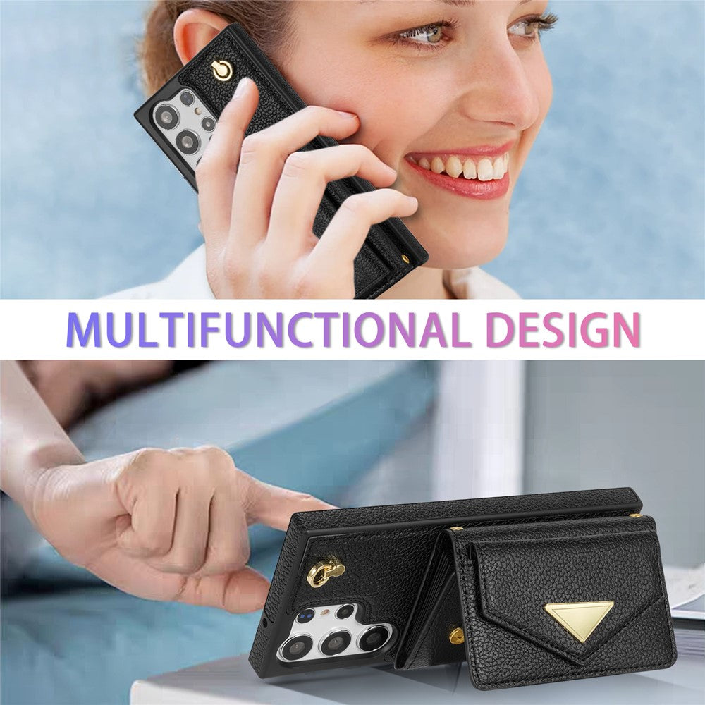 For Samsung Galaxy S25 Ultra Case Card Slots PU+TPU Cell Phone Cover with Long Strap