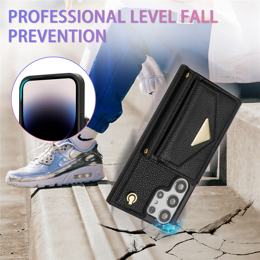 For Samsung Galaxy S25 Ultra Case Card Slots PU+TPU Cell Phone Cover with Long Strap