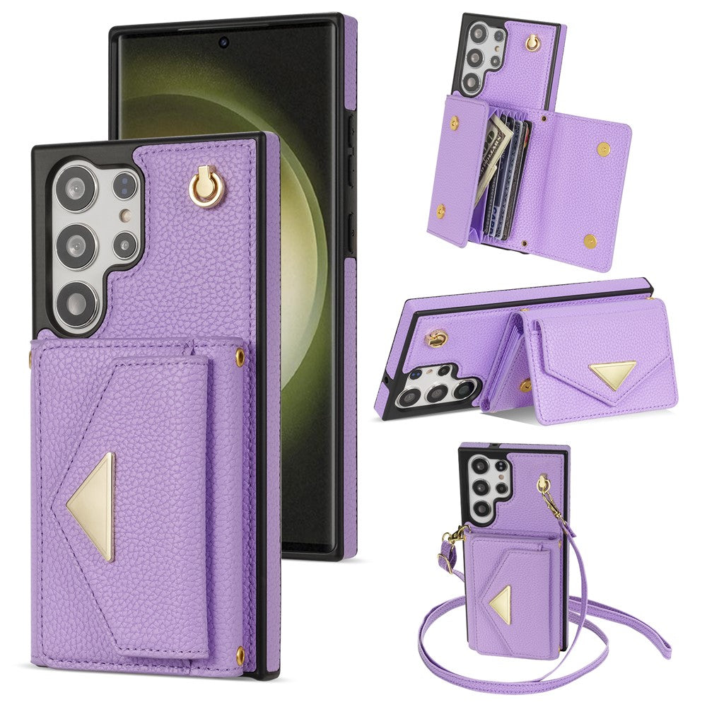 For Samsung Galaxy S25 Ultra Case Card Slots PU+TPU Cell Phone Cover with Long Strap