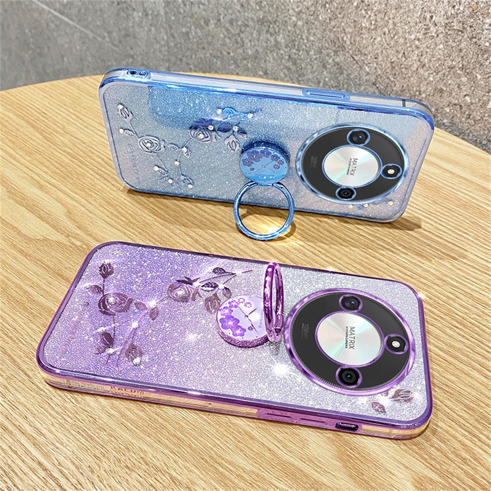 KADEM For Honor X60 5G Case Ring Kickstand TPU Flowers Phone Cover Gradient Glitter