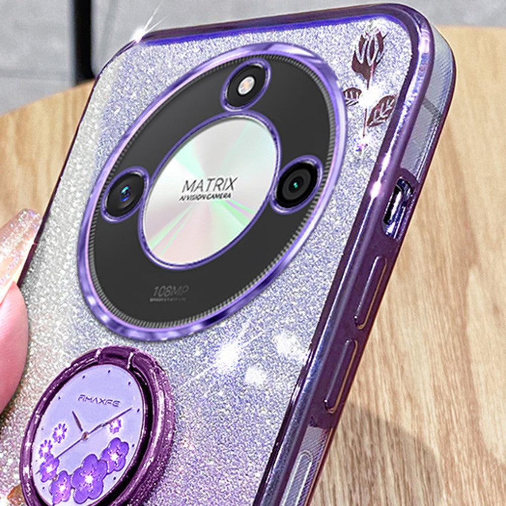 KADEM For Honor X60 5G Case Ring Kickstand TPU Flowers Phone Cover Gradient Glitter