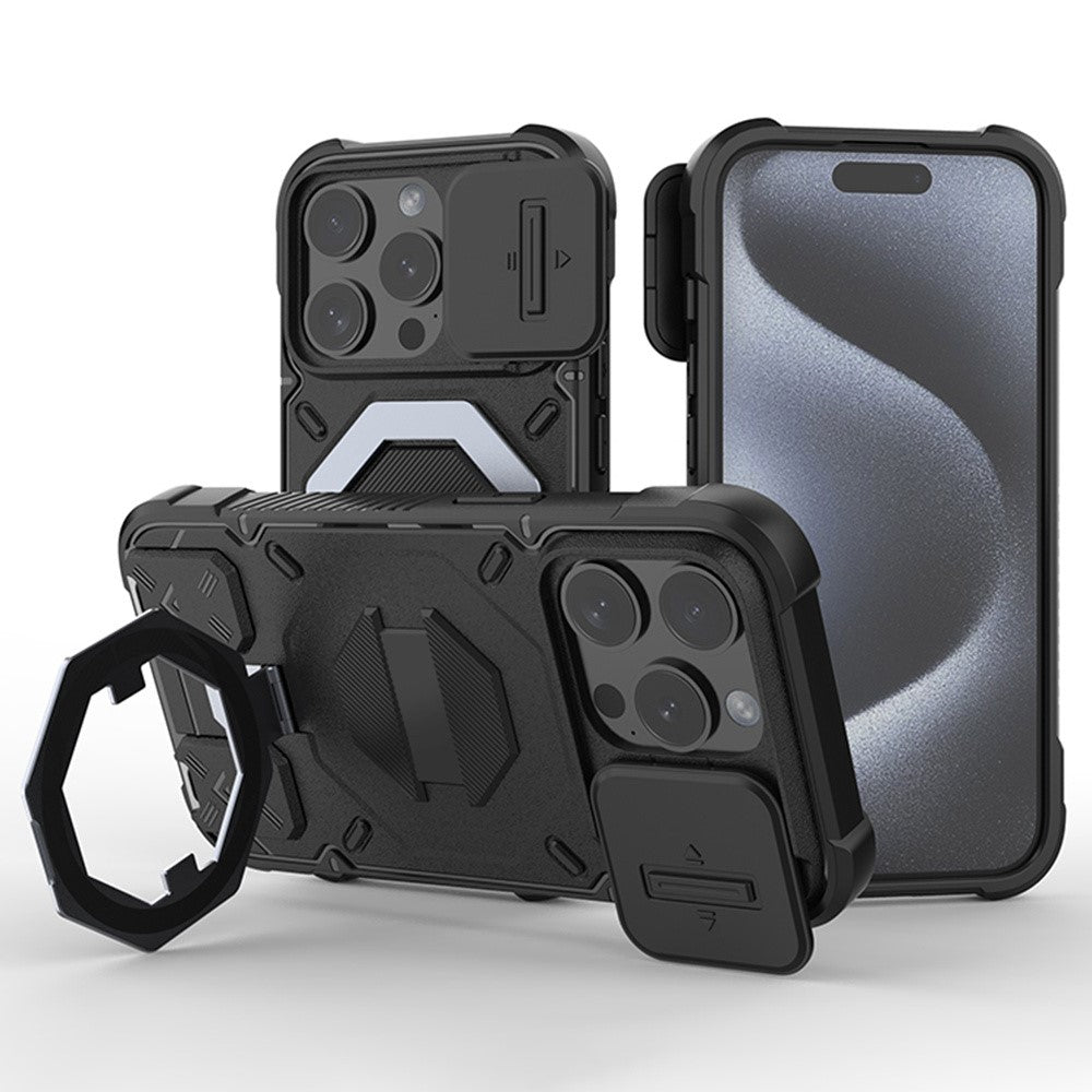 Til iPhone 15 Pro Cover Kompatibel med MagSafe Kameralinsebeskytter PC+TPU Kickstand Telefoncover med Snor