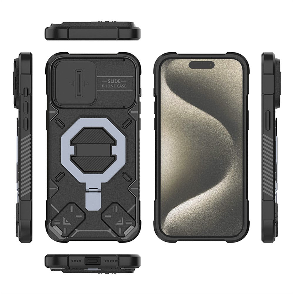 Til iPhone 15 Pro Cover Kompatibel med MagSafe Kameralinsebeskytter PC+TPU Kickstand Telefoncover med Snor