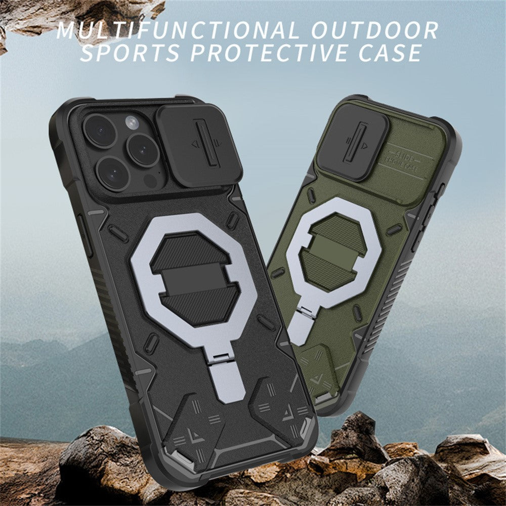 Til iPhone 15 Pro Cover Kompatibel med MagSafe Kameralinsebeskytter PC+TPU Kickstand Telefoncover med Snor