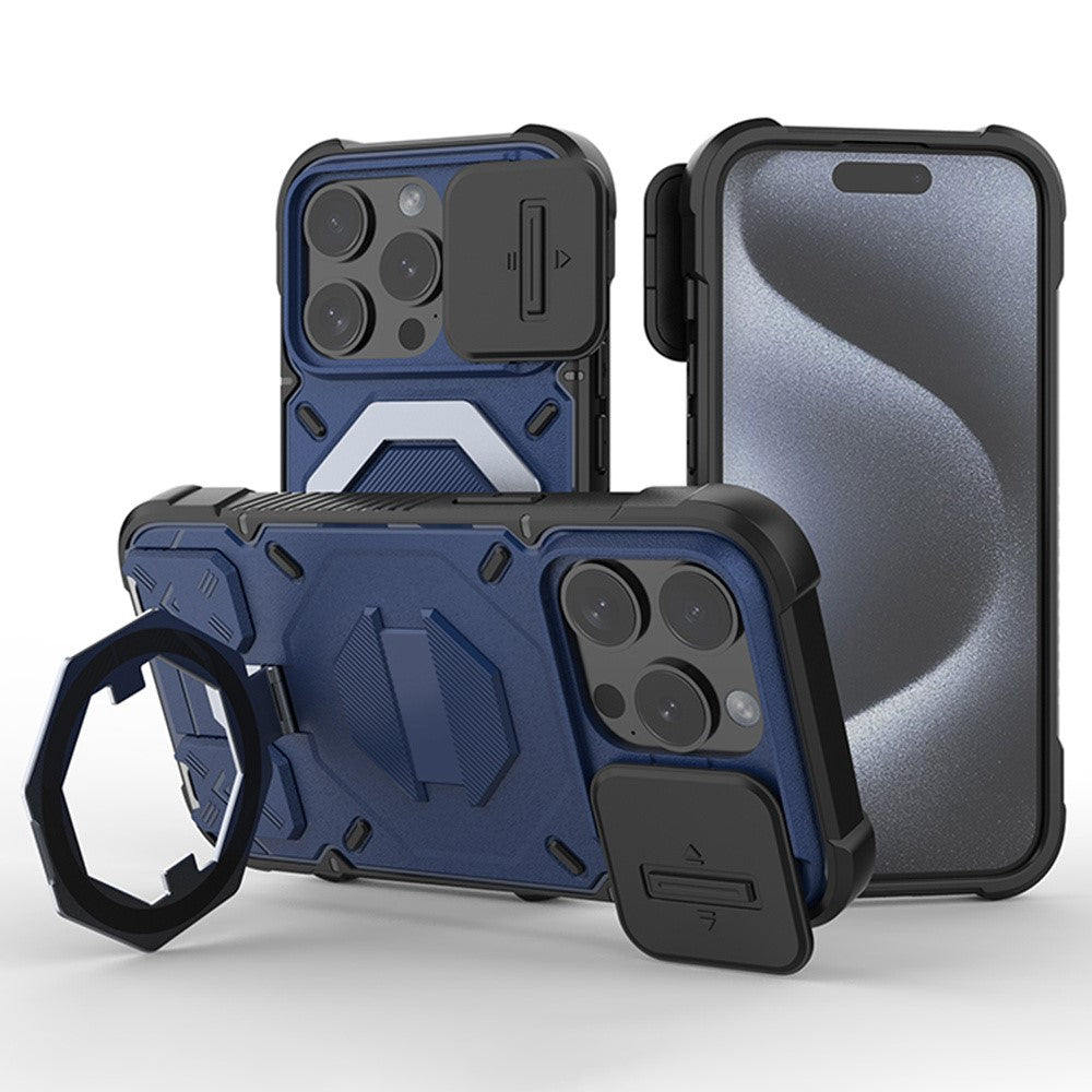 Til iPhone 15 Pro Cover Kompatibel med MagSafe Kameralinsebeskytter PC+TPU Kickstand Telefoncover med Snor
