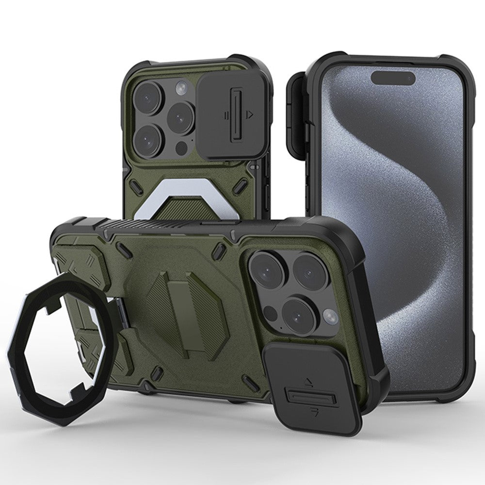 Til iPhone 15 Pro Cover Kompatibel med MagSafe Kameralinsebeskytter PC+TPU Kickstand Telefoncover med Snor