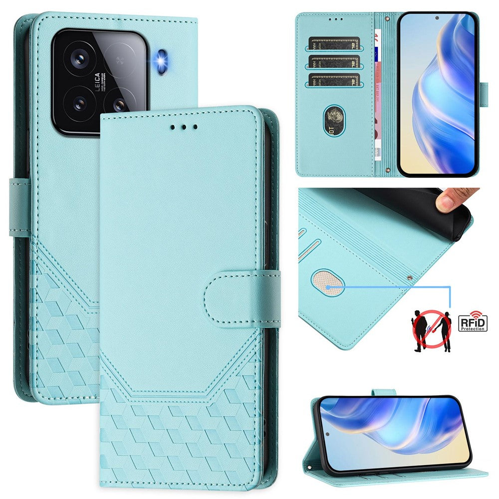 For Xiaomi 15 Case Imprinted Honeycomb RFID Blocking Leather Phone Cover with Strap