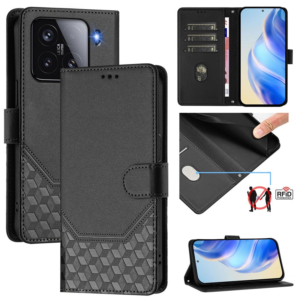 For Xiaomi 15 Case Imprinted Honeycomb RFID Blocking Leather Phone Cover with Strap