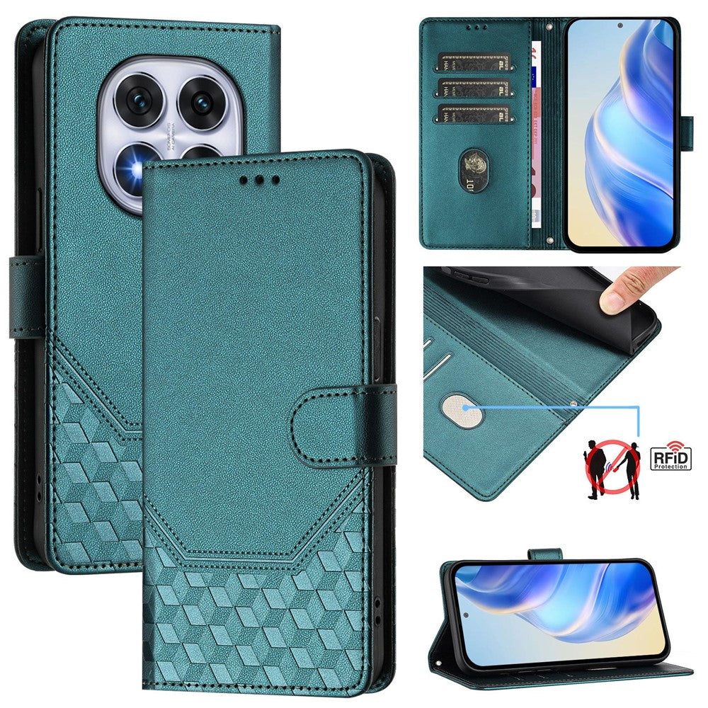 For Xiaomi Redmi Note 14 Pro+ 5G / Note 14 Pro 5G / Poco X7 5G Case Imprinted Honeycomb RFID Blocking Leather Phone Cover with Strap