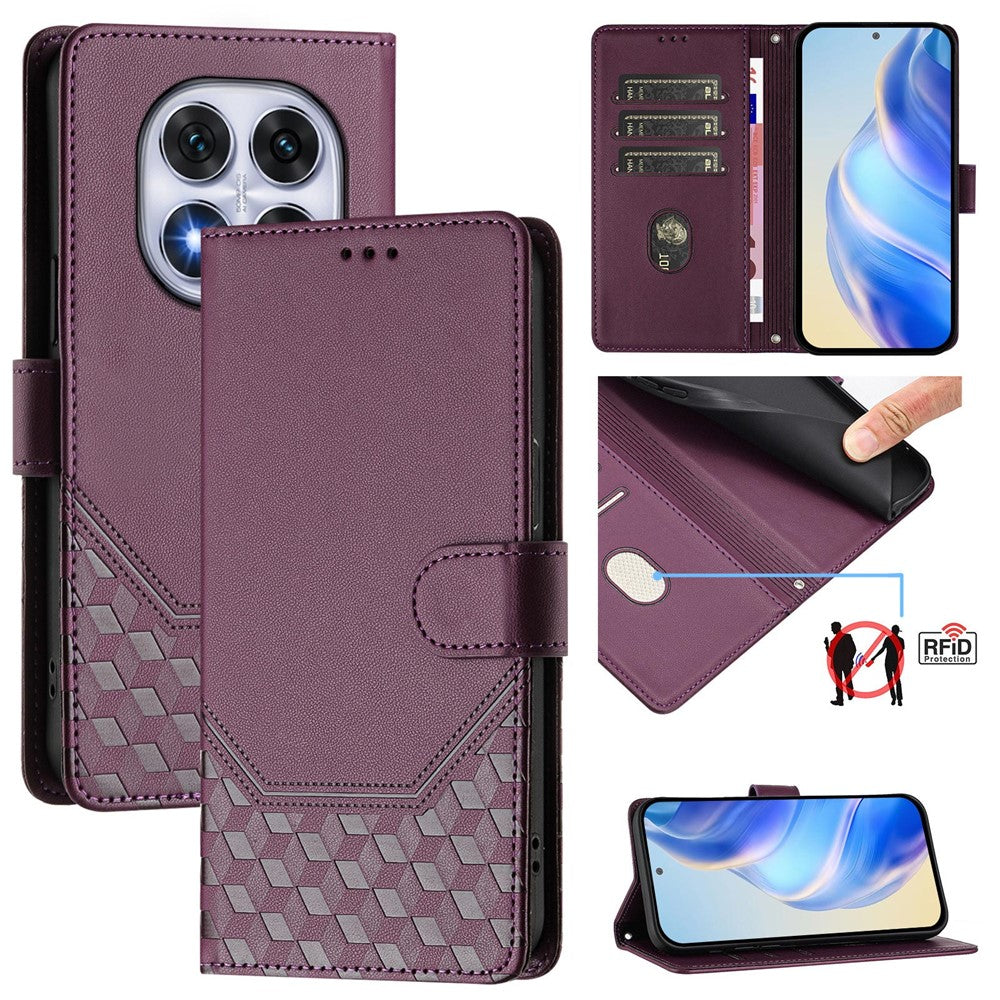 For Xiaomi Redmi Note 14 Pro+ 5G / Note 14 Pro 5G / Poco X7 5G Case Imprinted Honeycomb RFID Blocking Leather Phone Cover with Strap