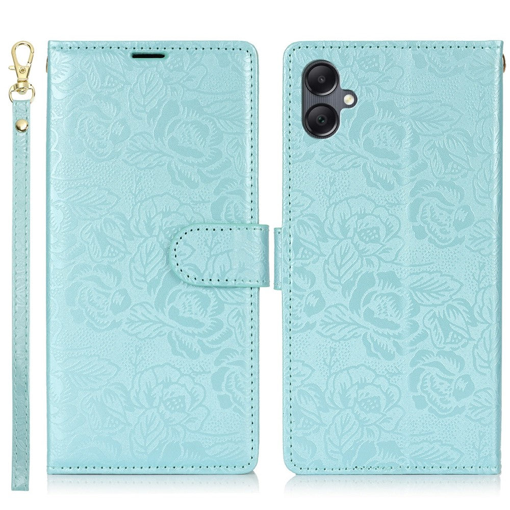 Samsung Galaxy A05 4G-skal med handrem, läderplånboksfodral med blommönster