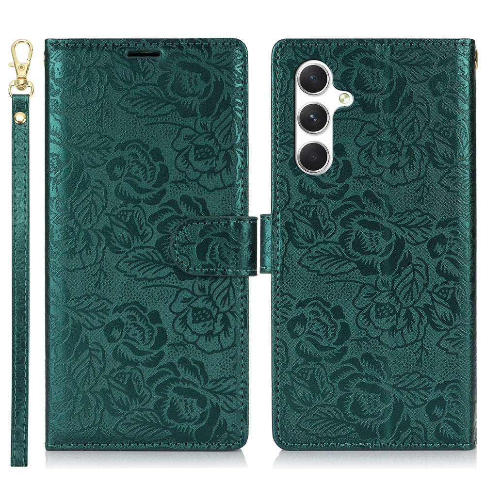 Til Samsung Galaxy A36 5G Etui med Håndrem Blomsterpræg Læderpung Telefoncover