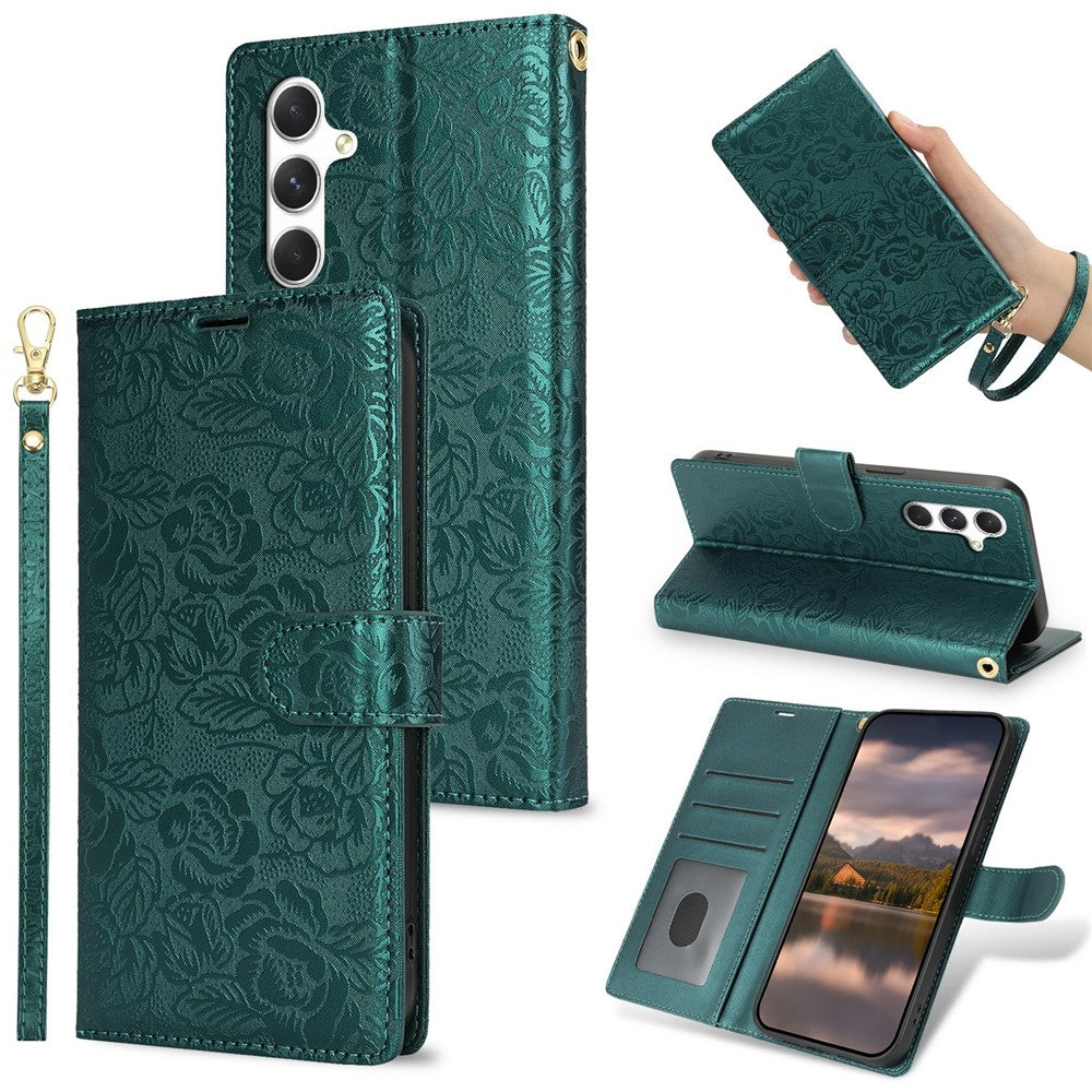 Til Samsung Galaxy A36 5G Etui med Håndrem Blomsterpræg Læderpung Telefoncover