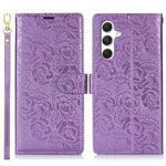 Til Samsung Galaxy A36 5G Etui med Håndrem Blomsterpræg Læderpung Telefoncover